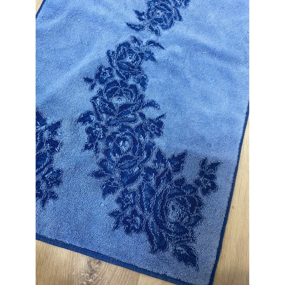 Vintage Cobalt Blue Rose Floral Hand Towel Reversible Damask Pattern Terry - Picture 4 of 5